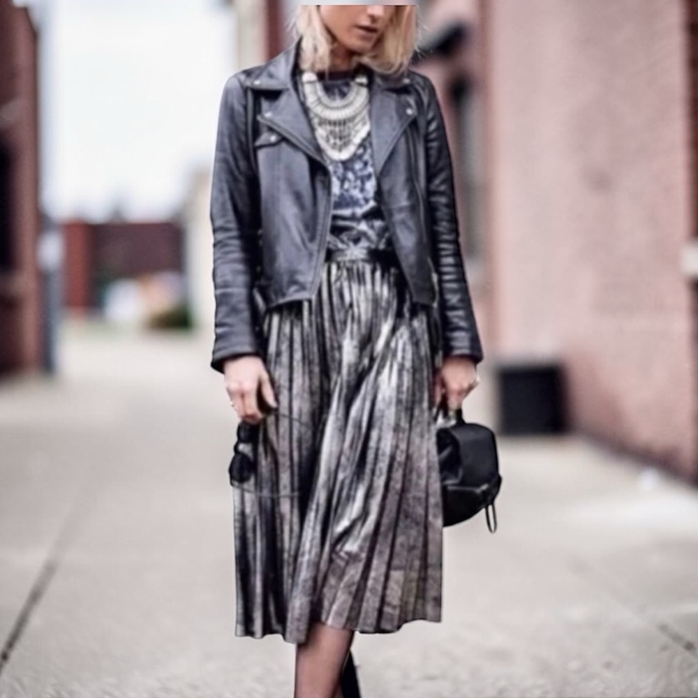 Zara Gunmetal Silver Pleated Midi Skirt Size XS